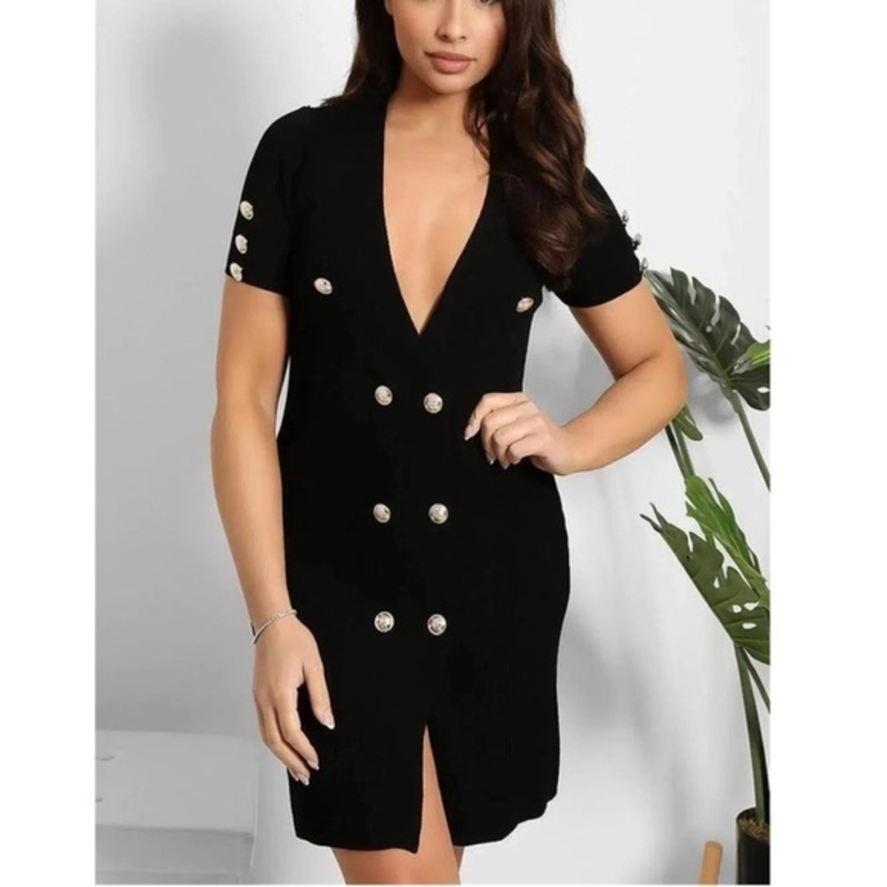 2024 BUTTONS DEEP PLUNGE KNITTED DRESS
